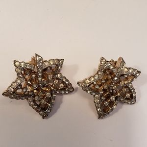 Signed Jomaz Crystal clip-on Leaf earrings